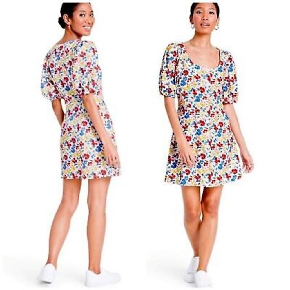 Rixo for Target Women's Linen Rayon Multi Floral‎ Puff Sleeve Button Dress 2 NWT